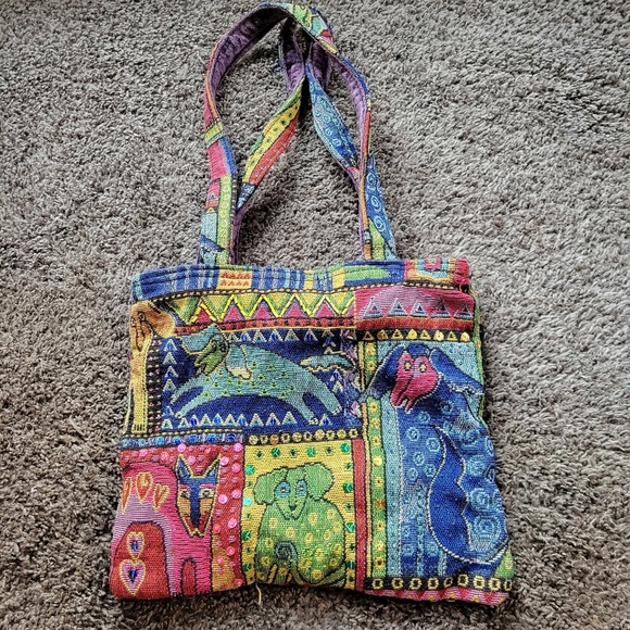 Laurel Burch Dog Patchwork Purse 2 Strap Tote Bag Red Blue Green Colorful Zipper - Picture 7 of 14